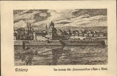 Koblenz Coblenz Deutsches Eck Zusammenfluss von Rhein und Mosel Zeichnung Kat. Koblenz