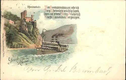 Trechtingshausen Burg Rheinstein Gedicht Rhein Dampfer Kuenstlerkarte Kat. Trechtingshausen