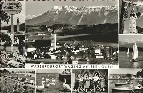 Waging See Panorama mit Alpenblick Strandleben Schwan Trachten Boot Kat. Waging a.See