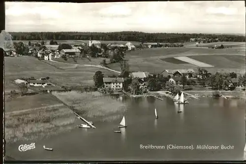 Breitbrunn Chiemsee Muehlener Bucht Segelboot Fliegeraufnahme Kat. Breitbrunn a.Chiemsee