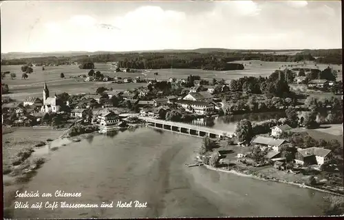 Seebruck Chiemsee Blick auf Cafe Wassermann und Hotel Post Fliegeraufnahme Kat. Seeon Seebruck