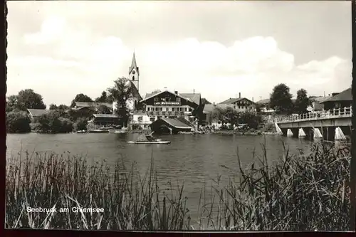 Seebruck Chiemsee Partie zum Ufer mit Blick zum Hotel Cafe Wassermann Kirche Kat. Seeon Seebruck