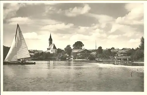 Seebruck Chiemsee Partie am Strand Segelboot Kirche Kat. Seeon Seebruck