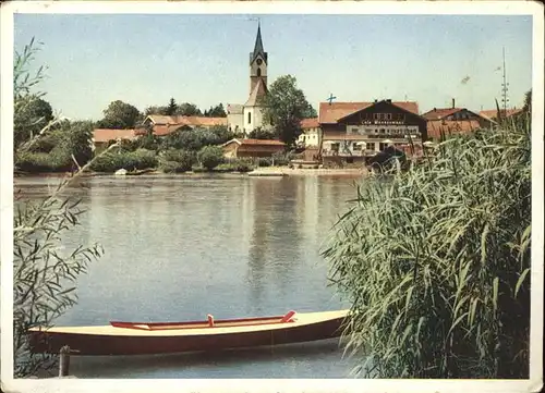 Seebruck Chiemsee Partie am Ufer Boot Cafe Wassermann Kirche Kat. Seeon Seebruck