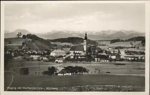 Waging See Ortsansicht mit Wallfahrtskirche und Alpenpanorama Kat. Waging a.See