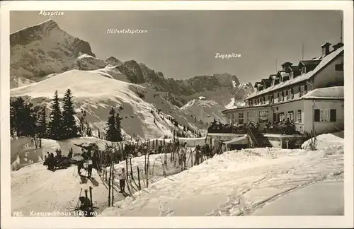 Kreuzeckhaus mit Alp  Hoellental  und Zugspitze Kat. Garmisch Partenkirchen