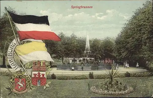 Hamburg Flaggen Wappen und Springbrunnen im Park Kat. Hamburg