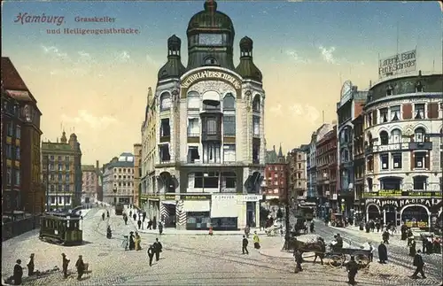 Hamburg Grasskeller und Heiligengeistbruecke Strassenbahn Pferdefuhrwerk Kat. Hamburg