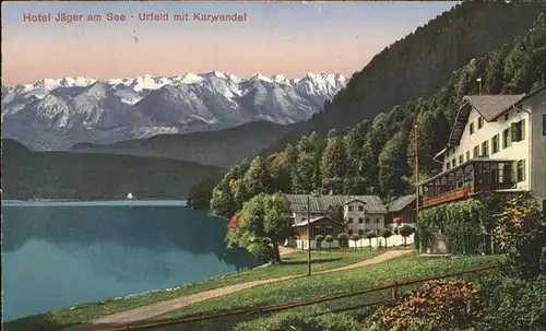 Urfeld Oberbayern mit Karwendel und Hotel Jaeger am See Kat. Kochel a.See