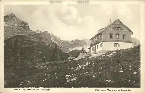 Kreuzeck Adolf Zoeppritzhaus am Kreuzeck mit Blick gegen Alp und Zugspitze Kat. Garmisch Partenkirchen