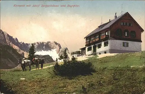 Kreuzeck Adolf Zoeppritzhaus und Zugspitze Kat. Garmisch Partenkirchen