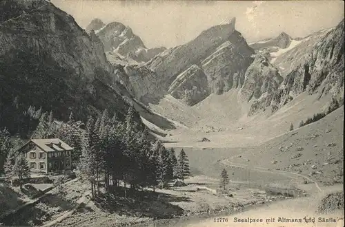 Seealpsee Panorama mit Altmann und Saentis Berghuette Kat. Schwende