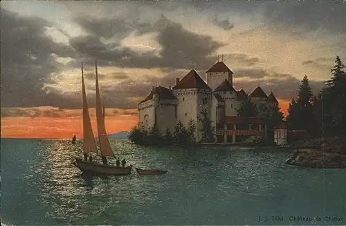 Chillon Chateau bateau Lac Leman Abendstimmung Kat. Montreux