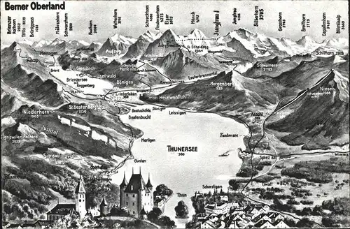 Thun Panoramakarte Berner Oberland Thuner See Kat. Thun