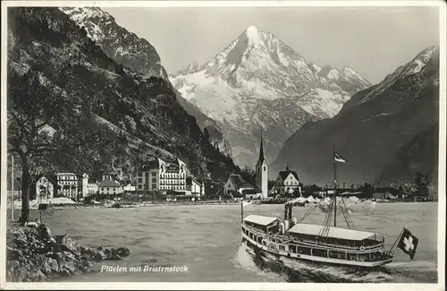 Flueelen UR Blick ueber Vierwaldstaettersee mit Bristenstock Glarner Alpen Dampfer Kat. Flueelen