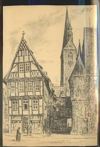 Quedlinburg Altstadt Kreidezeichnung K. Hedloff Fachwerkhaeuser Hoken Kat. Quedlinburg