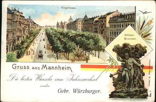 Mannheim Schloss Brunnen Schwalbe Ringstr. Strassenbahn Kat. Mannheim