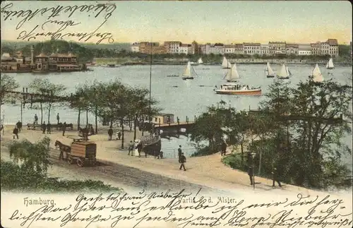 Hamburg an der Alster Segelboote Schiff Pferdewagen Kat. Hamburg