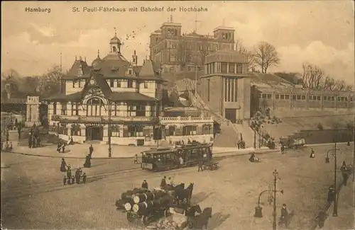 Hamburg St.Pauli Faehrhaus Bahnhof der Hochbahn Strassenbahn Pferdewagen Kat. Hamburg