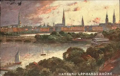 Hamburg Lombardsbruecke Kuenstlerkarte Segelboot Kat. Hamburg