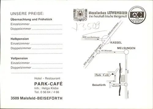 Beisefoerth Hotel Restaurant Park Cafe Kat. Malsfeld