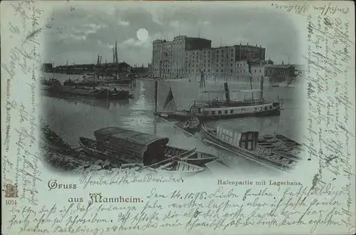 Mannheim Hafen Lagerhaus bei Nacht Mond Schiffe Kat. Mannheim