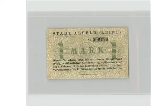 Alfeld Leine Gutschein ueber eine Mark Kat. Alfeld (Leine)