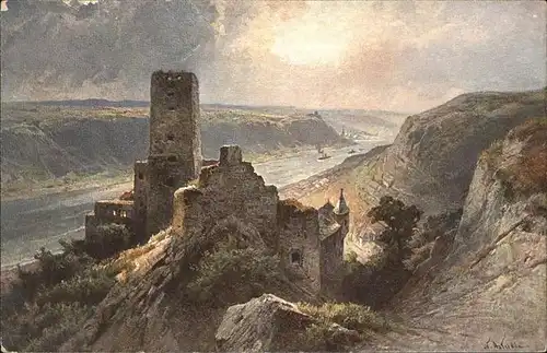 Bingen Rhein Burg Ruine Gutenfels Kuenstlerkarte Kat. Bingen am Rhein