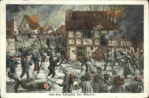 Muenster Westfalen aus den Kaempfen Soldaten brennende Haeuser Feldpost Kat. Muenster