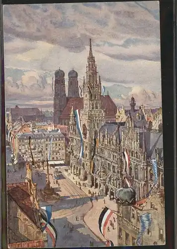 Muenchen Marienplatz Rathaus Dom Fahnen Kat. Muenchen