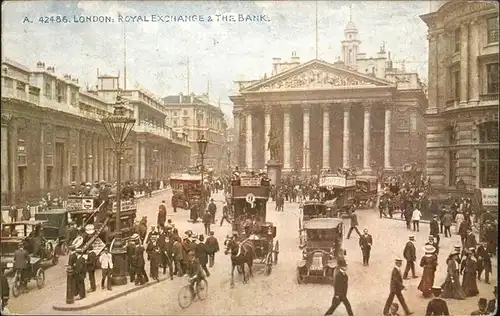London Royal Exchange Bank Kutschen Autos Menschen Kat. City of London