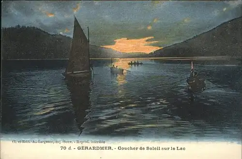 Gerardmer Vosges Coucher de soleil sur le lac bateau Sonnenuntergang auf dem See Kat. Gerardmer