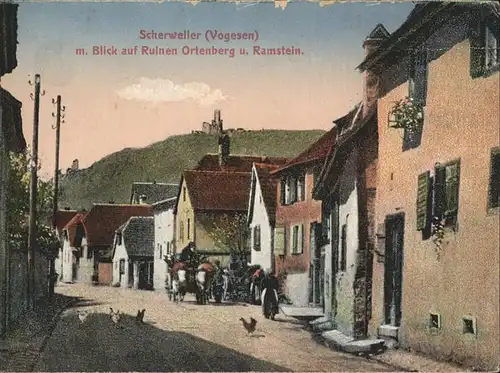 Scherweiler Strassenpartie Blick auf Burgruine Ortenberg und Ramstein Kat. Scherwiller