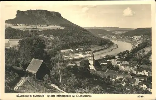 Koenigstein Saechsische Schweiz Panorama Fles Lilienstein Elbe Kirche Osterzgebirge Kat. Koenigstein Saechsische Schweiz