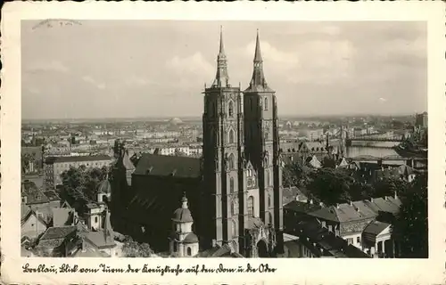 Breslau Niederschlesien Blick vom Turm der Kreuzkirche auf den Dom und die Oder Kat. Wroclaw