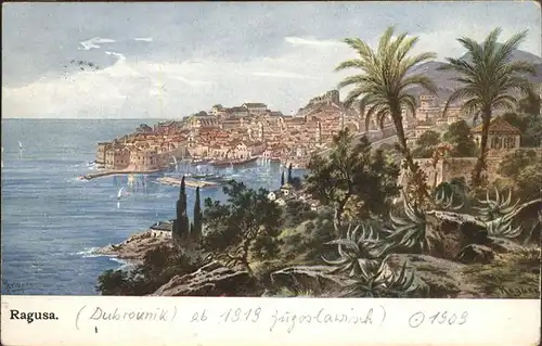 Ragusa Panorama Mittelmeer Kuenstlerkarte Kat. Dubrovnik