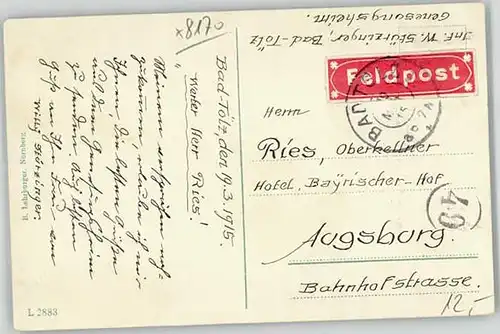 Bad Toelz Marienstift Feldpost  x 1915