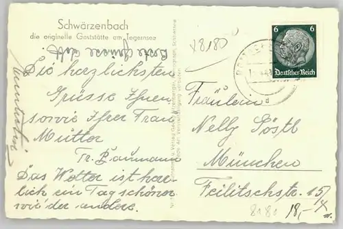 Tegernsee Gaststaette Schwaerzenbach x 1941