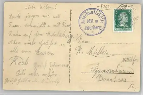 Pfronten [Stempelabschlag] Unterkunftshuette Edelsberg x 1927