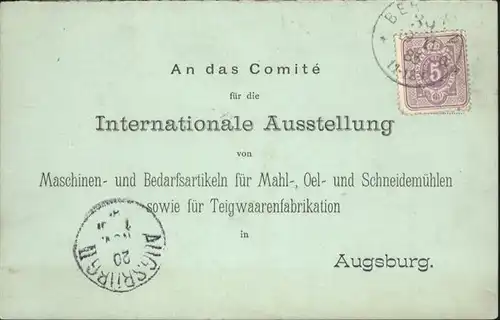 Augsburg Vorlaeufige Anmeldung Internationale Ausstellung Maschinen- Teigwaarenfabrikation / Augsburg /Augsburg LKR