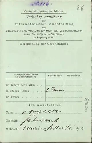 Augsburg Vorlaeufige Anmeldung Internationale Ausstellung Maschinen- Teigwaarenfabrikation / Augsburg /Augsburg LKR