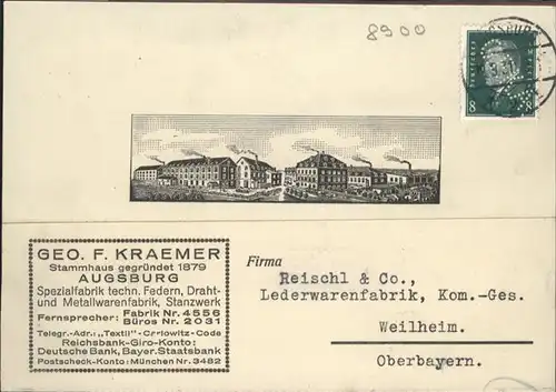 Augsburg Geo F. Kraemer Spezialfabrik Meetallwarenfabrik Auftrag / Augsburg /Augsburg LKR