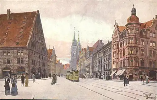 Nuernberg Koenigstrasse Lorenzkirche Strassenbahn Kuenstler Franz Schmidt