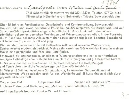 Schoenwald Schwarzwald Gasthof Landpost Werbekarte *