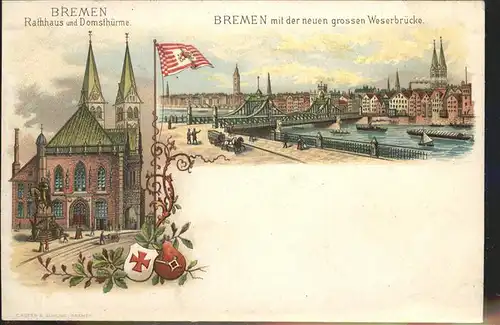 Bremen Rathaus und Domtuerme   Neue Weserbruecke Kat. Bremen