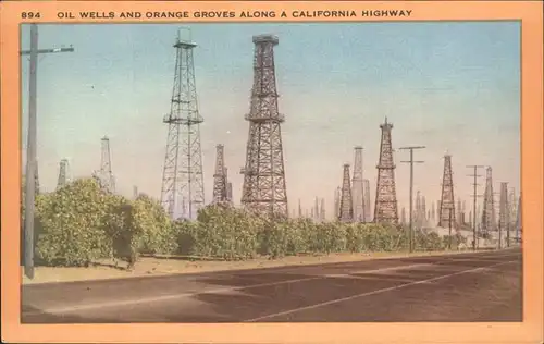 Los Angeles California Oil wells and orange groves along a california highway Kat. Los Angeles