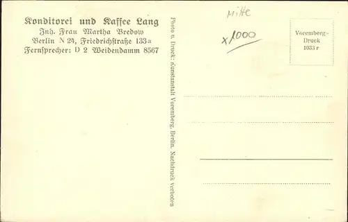 wz20676 Berlin Konditorei Cafe Lang Kategorie. Berlin Alte Ansichtskarten
