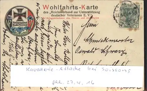 Soissons Aisne Schlacht bei Soissons Kuenstlerkarte Wohlfahrtskarte des Reichsverband zur Unterstuetzung deutscher Veteranen