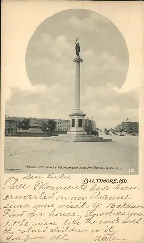 Baltimore Maryland Revolutionary Monument Mt. Royal Avenue Kat. Baltimore