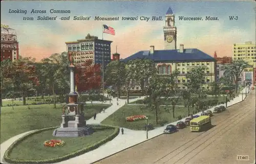 Worcester Massachusetts Looking Across Common from Soldiers and Sailors Monument toward City Hall Kat. Worcester